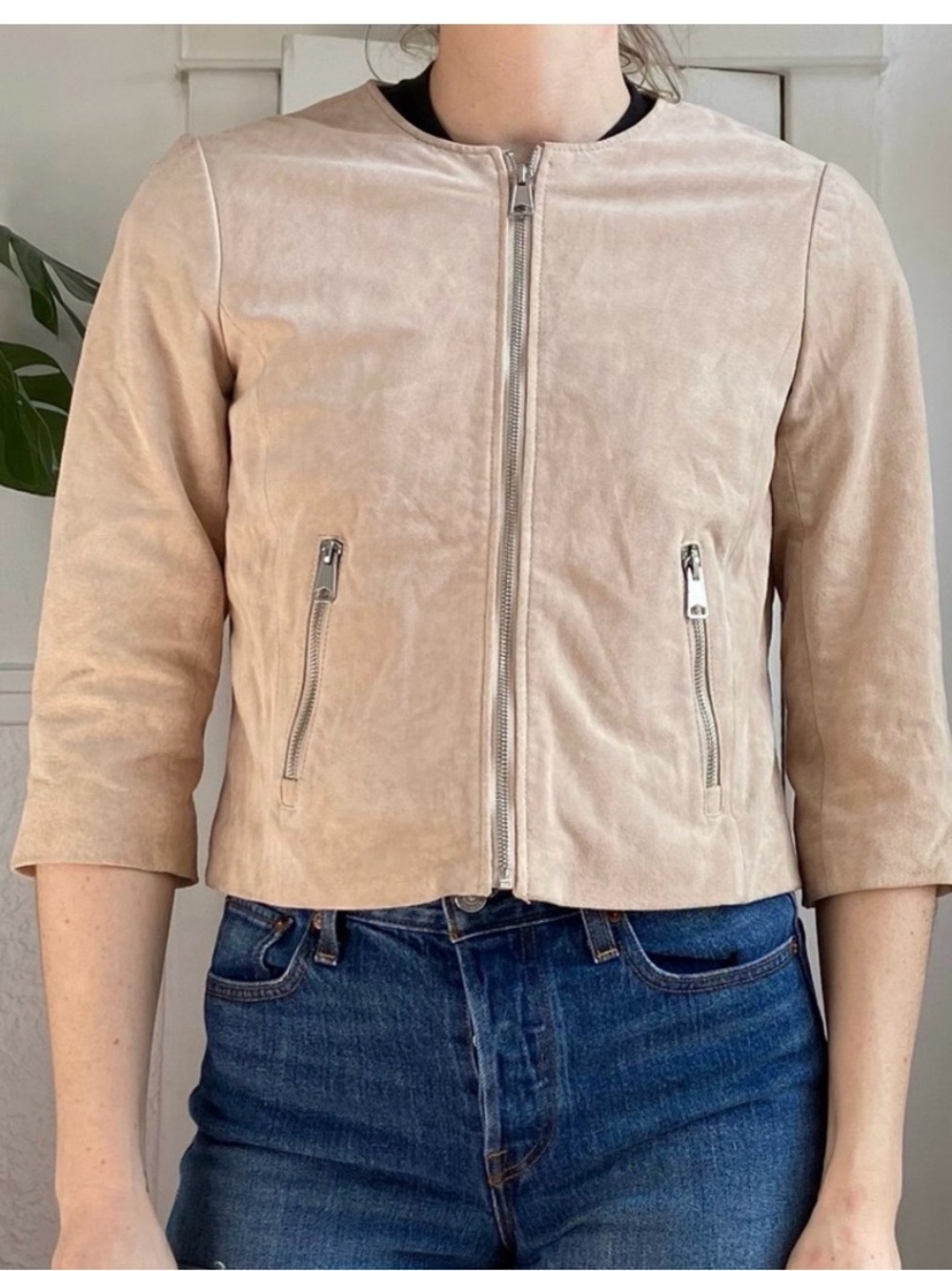 Soia & Kyo genuine suede cream 3/4 sleeves cropped leather jacket